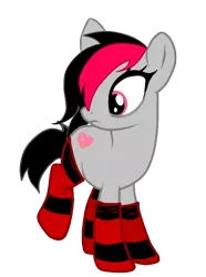 Size: 804x1080 | Tagged: artist needed, safe, derpibooru import, oc, oc:miss eri, unofficial characters only, earth pony, pony, clothes, cute, emo, female, looking back, mare, simple background, socks, solo, striped socks, transparent background
