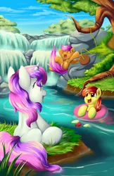 Size: 1100x1700 | Tagged: apple bloom, artist:grennadder, bathing, cutie mark crusaders, derpibooru import, inner tube, outdoors, river, safe, scootaloo, sweetie belle, swimming, tree, waterfall, wet mane