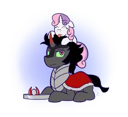 Size: 1055x965 | Tagged: safe, artist:invertigo, derpibooru import, king sombra, sweetie belle, :p, crown, cute, diasweetes, eyes closed, fanfic art, floppy ears, frown, king sombra is not amused, looking at you, pony hat, reference, smiling, sombradorable, sweetie's shadow, sweetiehat, tongue out, unamused