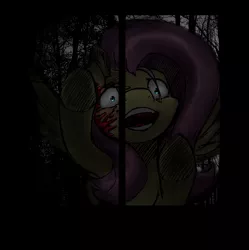 Size: 1784x1788 | Tagged: artist:aisureimi, blood, creepy, danger, derpibooru import, fanfic:let her in, fluttershy, imminent death, monster, night, open mouth, semi-grimdark, staring at you, tiny pupils, tree, window