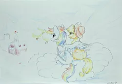 Size: 3673x2554 | Tagged: safe, artist:vincher b, derpibooru import, applejack, rainbow dash, earth pony, ice pony, pegasus, pony, appledash, barn, cloud, cloudy, cowboy hat, cute, drawing, female, hat, hooves, hug, lesbian, mare, on a cloud, pencil drawing, shipping, sitting, sitting on cloud, sweet apple acres, traditional art, tree, wing hands, winghug, wings, winter
