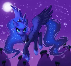 Size: 900x837 | Tagged: artist:whitephox, derpibooru import, flying, moon, night, princess luna, safe, shooting star, solo, stars