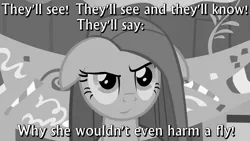 Size: 853x480 | Tagged: black and white, caption, derpibooru import, edit, grayscale, parody, pinkamena diane pie, pinkie pie, psycho, safe, screencap