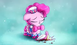 Size: 1359x800 | Tagged: artist:sverre93, cake, chibi, clothes, crying, derpibooru import, dress, filly, food, gala dress, pinkie pie, sad, safe, solo