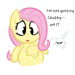 Size: 1000x1000 | Tagged: artist needed, safe, artist:superninja, derpibooru import, edit, angel bunny, fluttershy, pegasus, pony, belly, belly button, chubby, crossed arms, dialogue, fat, frown, open mouth, simple background, transparent background, vector