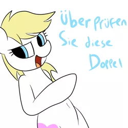 Size: 800x800 | Tagged: safe, artist:datte-before-dawn, derpibooru import, oc, oc:aryanne, unofficial characters only, pony, bad translation, belly button, bipedal, cartoony, check em, christian bale, double penetration, dubs, german, looking at you, meme, penetration, pointing, solo, standing