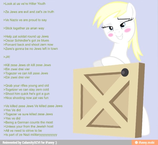 Size: 600x552 | Tagged: safe, derpibooru import, oc, oc:aryanne, unofficial characters only, earth pony, pony, /mlp/, 4chan, blushing, door, fascism, female, germany, lyrics, racist barn, raise this barn, singing, solo, song, sultry pose, thread