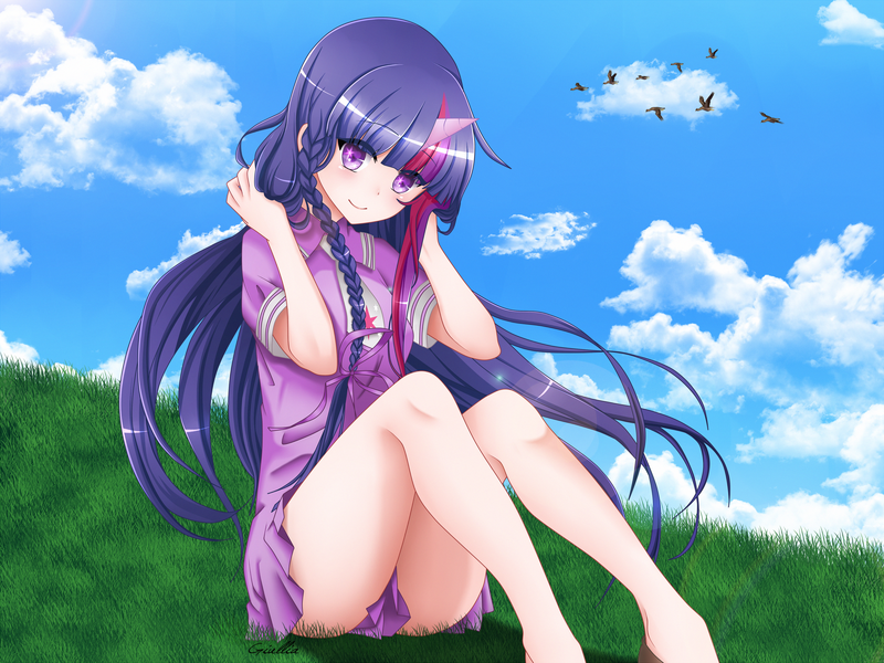 Size: 3200x2400 | Tagged: anime, artist:srtagiuu, braid, clothes, colored pupils, cute, derpibooru import, dress, female, grass, horned humanization, human, humanized, long hair, looking at you, safe, signature, sitting, smiling, solo, sundress, twilight sparkle, wingding eyes