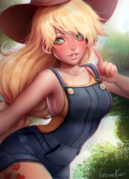 Size: 900x1247 | Tagged: applejack, armpits, artist:toycake, breasts, busty applejack, derpibooru import, female, human, humanized, overalls, realistic, safe, sideboob, solo, sweat