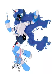 Size: 2521x3600 | Tagged: anthro, arm hooves, artist:maroy, clothes, derpibooru import, dexterous hooves, hoof hold, nurse, outfit, princess luna, safe, semi-anthro, socks, syringe, tiberius