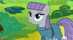 Size: 500x277 | Tagged: safe, derpibooru import, edit, edited screencap, screencap, maud pie, earth pony, pony, all new, animated, blinking, female, frown, hub logo, hubble, loop, mare, maud being maud, reaction image, screaming internally, solo, terrified, the hub