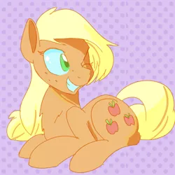 Size: 700x700 | Tagged: alternate hairstyle, applejack, artist:goat train, derpibooru import, grin, hatless, loose hair, missing accessory, prone, safe, solo, wink