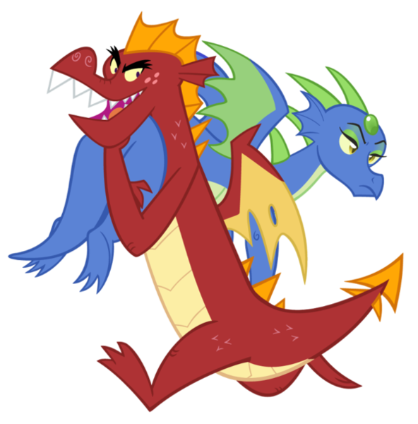 Size: 600x608 | Tagged: artist:queencold, derpibooru import, dragon, dragoness, dragon oc, duo, female, garble, kidnapped, male, oc, oc:frazzle, running, safe, simple background, teenaged dragon, transparent background, unamused