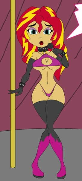 Size: 557x1221 | Tagged: suggestive, artist:nidrog, derpibooru import, sunset shimmer, equestria girls, boots, breasts, busty sunset shimmer, cleavage, clothes, collar, evening gloves, female, gloves, long gloves, makeup, microphone, nudity, panties, stripper, stripper pole, thigh boots, thong, underwear, wide hips