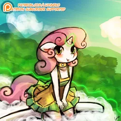 Size: 750x750 | Tagged: safe, artist:lumineko, derpibooru import, sweetie belle, anthro, unguligrade anthro, unicorn, apple bloomers, blushing, clothes, cloud, cloudy, cute, diasweetes, dress, female, looking at you, magic, patreon, solo, sweetie belle's magic brings a great big smile, tongue out