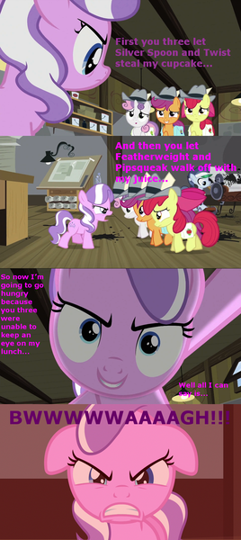 Size: 640x1431 | Tagged: apple bloom, comic, cute, cutie mark crusaders, derpibooru import, diamondbetes, diamond tiara, edit, edited screencap, galvatron, insanity, ponyville confidential, rage, safe, scootaloo, screencap, screencap comic, sweetie belle, transformers