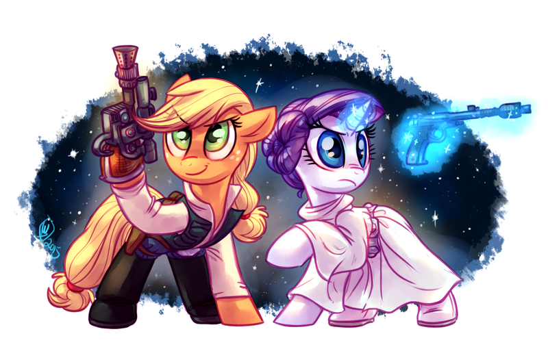 Size: 1625x1075 | Tagged: safe, artist:whitediamonds, derpibooru import, applejack, rarity, earth pony, unicorn, blaster, clothes, crossover, female, gun, han solo, lesbian, levitation, magic, princess leia, rarijack, rarijack daily, shipping, star wars