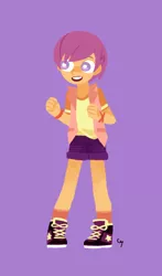 Size: 880x1500 | Tagged: safe, artist:magneticskye, derpibooru import, scootaloo, equestria girls, alternate costumes, clothes, female, lineless, open mouth, simple background, smiling, solo, teeth
