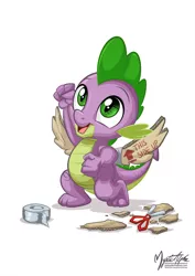 Size: 955x1351 | Tagged: safe, artist:mysticalpha, derpibooru import, spike, dragon, baby, baby dragon, cardboard, cardboard wings, cute, fake wings, green eyes, happy, heartwarming in hindsight, hilarious in hindsight, male, raised fist, scissors, simple background, solo, spikabetes, tape, this side up, watermark, white background, wings