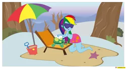 Size: 3035x1681 | Tagged: suggestive, artist:conikiblasu-fan, derpibooru import, rainbow dash, tank, equestria girls, tanks for the memories, beach umbrella, belly button, clothes, equestria girls interpretation, hips, midriff, rainbutt dash, sand, scene interpretation, shutter shades, swim trunks, swimsuit, winter swimsuit