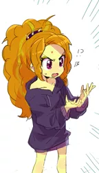 Size: 435x756 | Tagged: safe, artist:baekgup, derpibooru import, adagio dazzle, equestria girls, age regression, clothes, confused, exclamation point, fangs, female, hoodie, open mouth, question mark, simple background, solo, sweat, white background, younger