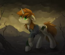 Size: 1200x1022 | Tagged: safe, artist:hioshiru, derpibooru import, oc, oc:littlepip, unofficial characters only, pony, unicorn, fallout equestria, fanfic, clothes, dead tree, fanfic art, female, mare, pipbuck, solo, tree, vault suit, wasteland