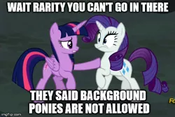 Size: 490x328 | Tagged: safe, derpibooru import, edit, edited screencap, screencap, rarity, twilight sparkle, twilight sparkle (alicorn), alicorn, pony, the cutie map, background pony, background pony rarity, caption, drama bait, female, image macro, mare, meme, text