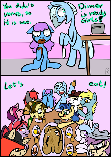 Size: 2939x4158 | Tagged: semi-grimdark, derpibooru import, flash sentry, oc, oc:amber grain, oc:arrhythmia, oc:aryanne, oc:bundle joy, oc:healthy candy, oc:java chip, oc:maple leaf, oc:marker pony, oc:milky way, oc:tracy cage, oc:veronika, earth pony, pony, unicorn, /mlp/, cannibalism, cooked, crack pone, dead, dinner, feast, female, generals, group, large butt, mare, mlp tan, ponies eating meat, pony as food, thread