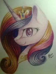 Size: 453x604 | Tagged: safe, artist:avonir, derpibooru import, princess cadance, alicorn, pony, bust, crown, eyelashes, female, horn, image, jewelry, mare, peytral, png, portrait, regalia, signature, smiling, solo, traditional art
