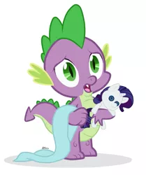 Size: 877x1047 | Tagged: safe, artist:avonir, derpibooru import, rarity, spike, dragon, pony, unicorn, castle sweet castle, blanket, cute, female, male, open mouth, plushie, rarity plushie, shipping, simple background, solo, sparity, straight, vector, white background