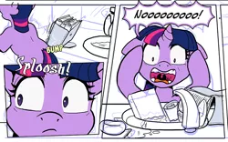 Size: 802x500 | Tagged: artist:muffinshire, big no, book, clumsy, comic, comic:twilight's first day, derpibooru import, filly, floppy ears, frown, hilarious in hindsight, now you fucked up, open mouth, preview, safe, screaming, scroll, solo, this will end in tears, twilight fuel, twilight sparkle, uvula, wide eyes, wip, you dun goofed