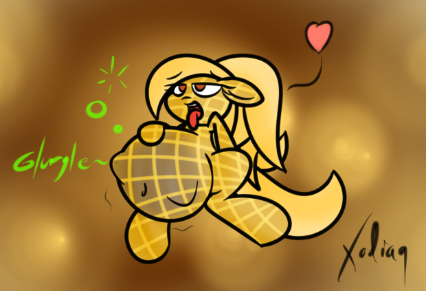 Size: 620x423 | Tagged: artist:xodisvorebin, belly, derpibooru import, fetish, food pony, oc, oc:waffle, original species, questionable, stomach noise, unofficial characters only, vore, waffle, waffle pony