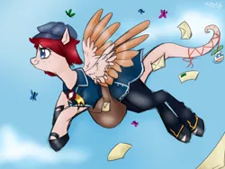 Size: 1024x768 | Tagged: safe, artist:rflzqt, derpibooru import, oc, oc:skyward scout, unofficial characters only, butterfly, original species, pegasus, butterfly keeper, clothes, female, flying, letter, mail, mare, wings