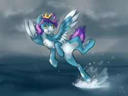 Size: 1024x768 | Tagged: safe, artist:rflzqt, derpibooru import, oc, oc:tidal wave, unofficial characters only, alicorn, pony, alicorn oc, crown, flying, horn, male, smiling, solo, stallion, wings
