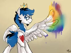 Size: 1024x768 | Tagged: safe, artist:rflzqt, derpibooru import, oc, oc:frozen soul, unofficial characters only, pegasus, pony, crown, male, paint, paint on feathers, rainbow, stallion, wings