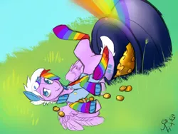 Size: 1024x768 | Tagged: safe, artist:rflzqt, derpibooru import, oc, oc:sleepaway, unofficial characters only, pegasus, pony, clothes, gold, male, rainbow, rainbow socks, socks, stallion, striped socks, wings