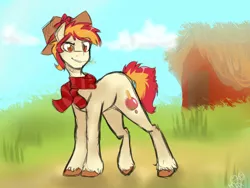 Size: 1024x768 | Tagged: safe, artist:rflzqt, derpibooru import, oc, oc:candy apple, unofficial characters only, earth pony, pony, barn, clothes, male, scarf, solo, stallion