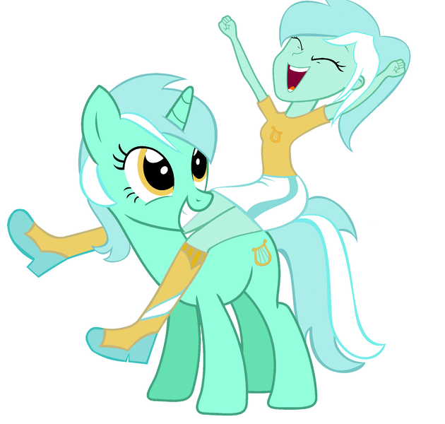 Size: 2120x2020 | Tagged: safe, artist:stabberandpainter, derpibooru import, lyra heartstrings, equestria girls, counter-humie, cute, eyes closed, grin, happy, human ponidox, humans riding ponies, humie, lyra doing lyra things, lyrabetes, open mouth, self ponidox, simple background, smiling, squee, white background, yay