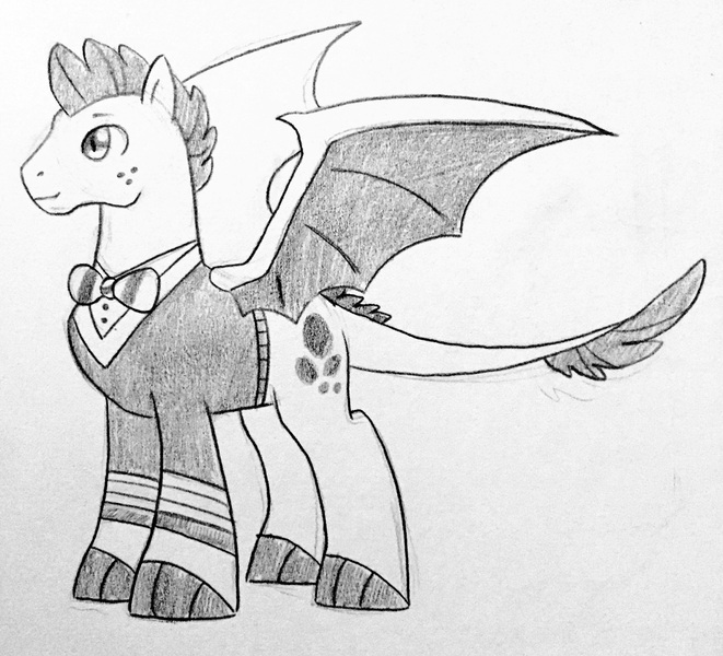 Size: 2422x2197 | Tagged: artist:kianamai, derpibooru import, dracony, hybrid, interspecies offspring, kilalaverse, monochrome, next generation, oc, oc:turquoise blitz, offspring, parent:rarity, parent:spike, parents:sparity, pencil drawing, ponytones outfit, safe, solo, traditional art, unofficial characters only