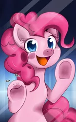 Size: 707x1131 | Tagged: safe, artist:theunununium, derpibooru import, pinkie pie, earth pony, pony, cute, diapinkes, female, fourth wall, glass, looking at you, mare, open mouth, smiling, solo, underhoof