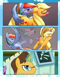 Size: 742x960 | Tagged: suggestive, derpibooru import, edit, screencap, applejack, doctor horse, doctor stable, rainbow dash, read it and weep, :c, accessory swap, appledash, backwards cutie mark, bedroom eyes, blushing, broken bone, broken wing, butt touch, comic, ear bite, eyes closed, feathermarking, female, floppy ears, iron plot, lesbian, moaning, nom, open mouth, ouch, plot, reality ensues, shipping, slap, smiling, spanking, surprised, underhoof, wide eyes, wingspank, x-ray, x-ray picture