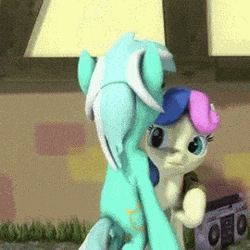 Size: 270x270 | Tagged: suggestive, artist:xaniyo, derpibooru import, edit, bon bon, lyra heartstrings, sweetie drops, 3d, animated, apple, bon bon is not amused, boombox, dancing, female, lesbian, lyrabon, meme, shipping, source filmmaker, youtube link