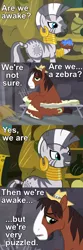 Size: 600x1800 | Tagged: safe, derpibooru import, edit, edited screencap, screencap, trouble shoes, zecora, earth pony, pony, zebra, blazing saddles, caption, female, grin, hat, image macro, male, meme, movie quote, movie reference, open mouth, poison joke, stallion