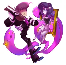 Size: 966x952 | Tagged: artist:silentazrael, cameo, derpibooru import, ghost, gothic, human, humanized, lewis, mystery skulls, painting, rarity, reference, safe, violin