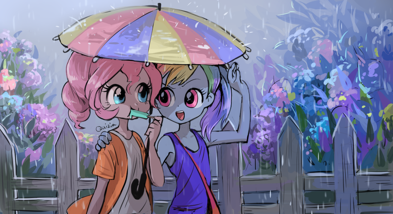 Size: 1100x600 | Tagged: safe, artist:quizia, derpibooru import, pinkie pie, rainbow dash, equestria girls, cute, dashabetes, diapinkes, fence, flower, food, ice cream, popsicle, rain, sea salt ice cream, umbrella, younger