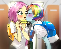 Size: 1000x800 | Tagged: safe, artist:quizia, derpibooru import, discord, fluttershy, rainbow dash, equestria girls, alternate hairstyle, blushing, eyes closed, female, flutterdash, kissing, lesbian, lesbian in front of boys, male, shipping, sweat