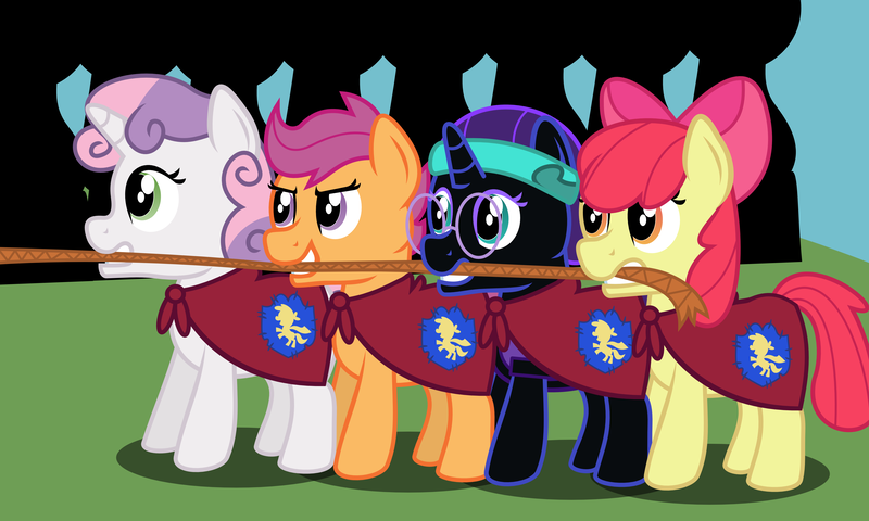 Size: 4000x2400 | Tagged: apple bloom, artist:saturnstar14, cape, clothes, cmc cape, cutie mark crusaders, derpibooru import, fanfic:past sins, oc, oc:nyx, safe, scootaloo, sweetie belle, tug of war