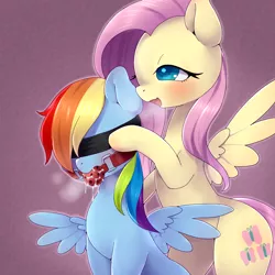 Size: 1024x1024 | Tagged: suggestive, artist:ayahana, derpibooru import, fluttershy, rainbow dash, pegasus, pony, ballgag, blindfold, blushing, bondage, dashsub, drool, female, femdom, femsub, flutterdash, flutterdom, gag, lesbian, lidded eyes, mare, panting, shipping, spread wings, submissive, wingboner, wings