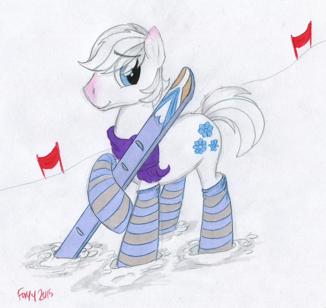 Size: 1000x944 | Tagged: artist:foxxy-arts, clothes, cute, derpibooru import, double dawwmond, double diamond, red nosed, safe, skis, snow, socks, solo, striped socks, the cutie map