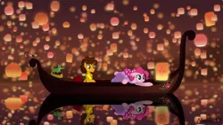 Size: 1600x900 | Tagged: safe, artist:nstone53, derpibooru import, cheese sandwich, gummy, pinkie pie, boat, cheesepie, clothes, crossover, dress, female, gondola, i see the light, lantern, lights, male, paper lantern, rapunzel, reflection, shipping, sky lantern, straight, tangled (disney), water